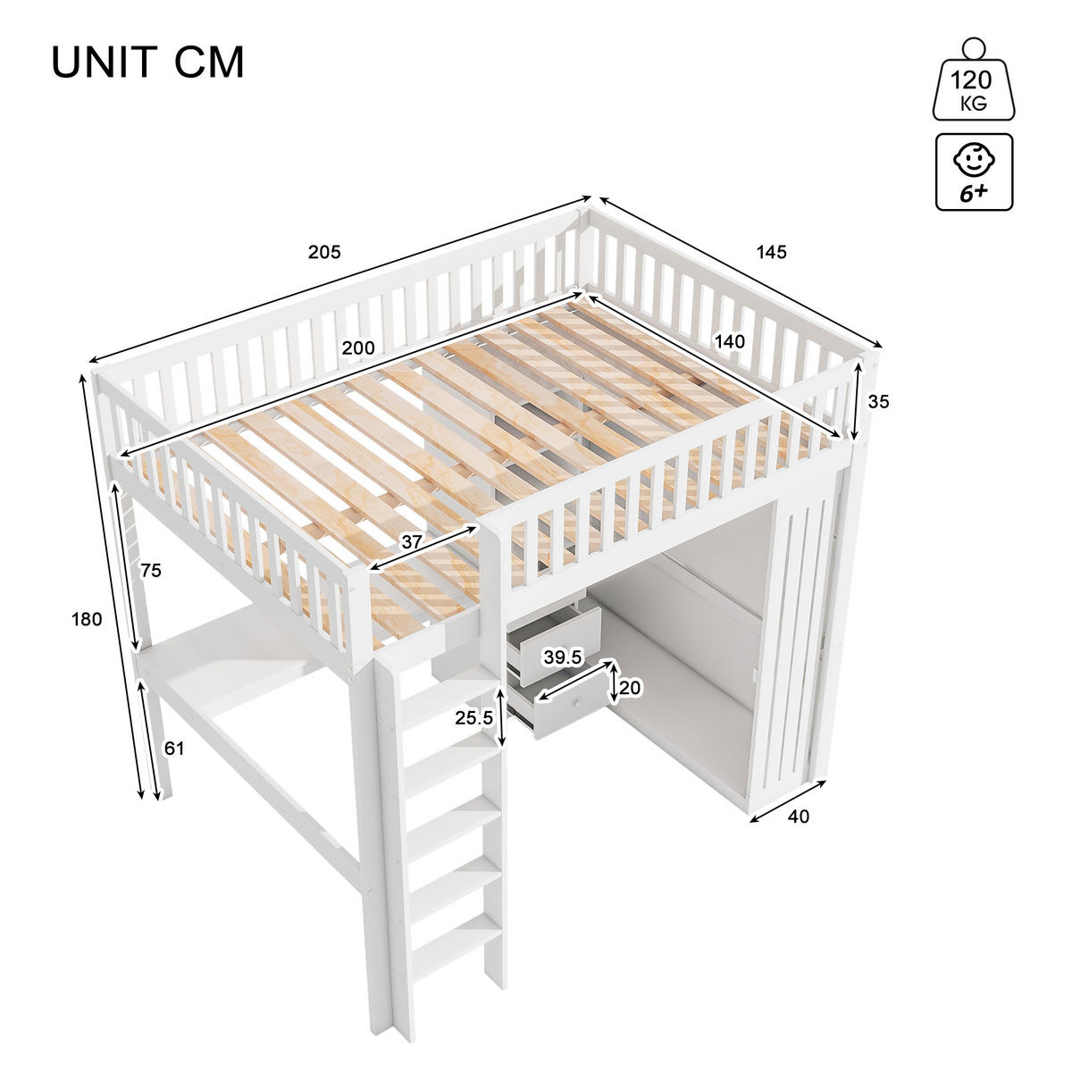 HOCHBETT 140/200 cm mit Schreibtisch und Kleiderschrank in Weiß - Weiß, Holz (140/200cm) - OKWISH