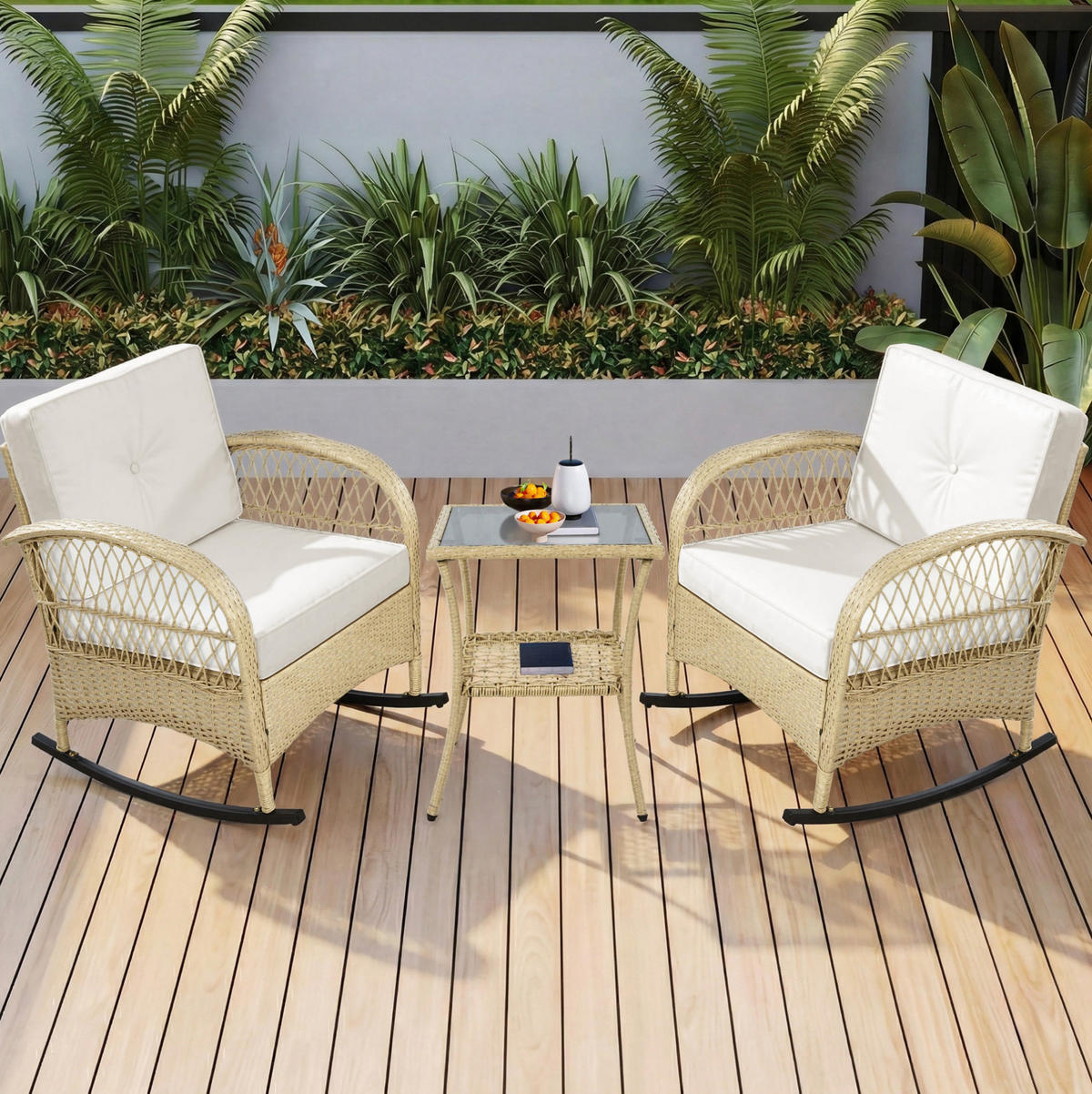 BALKONGARNITUR 3-tlg. mit 2 Schaukelstühlen und Glastisch, wetterfestes Rattan-Design, Beige - Beige, Metall - Redom