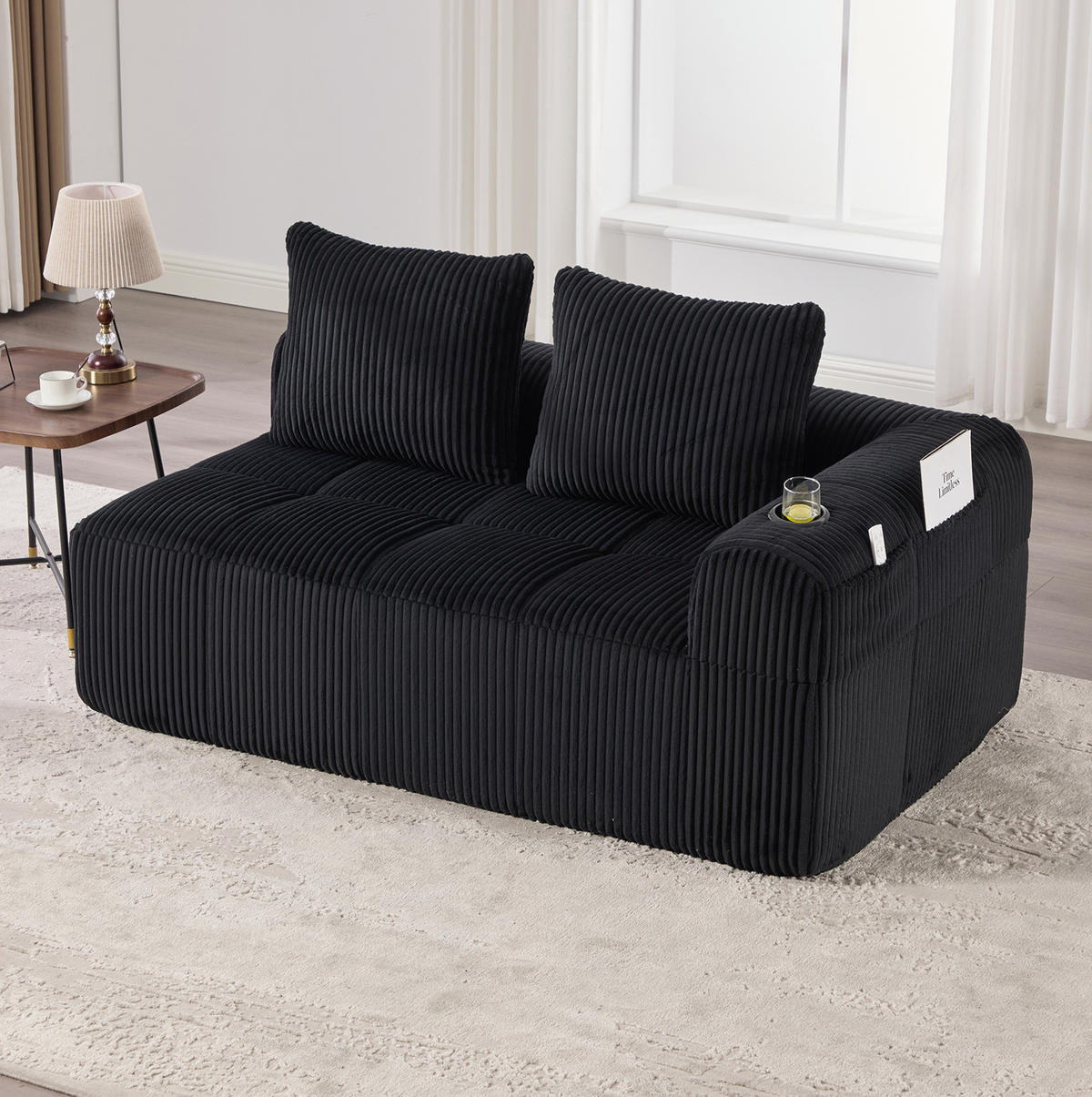 2-SITZER 158/93/61 cm Schwarz aus Cord mit Seitenfächern und Becherhaltern - Schwarz, Textil (93/61/158cm) - OKMYHOME