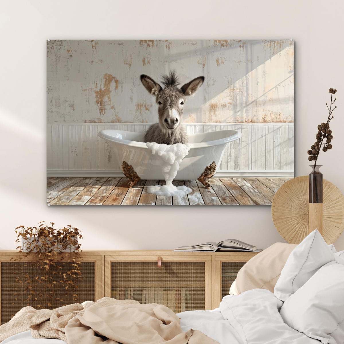 ACRYLGLASBILD Esel - Tiere - Badewanne - Schaumstoff 90x60 cm - Weiß, Glas (90/60cm) - MuchoWow