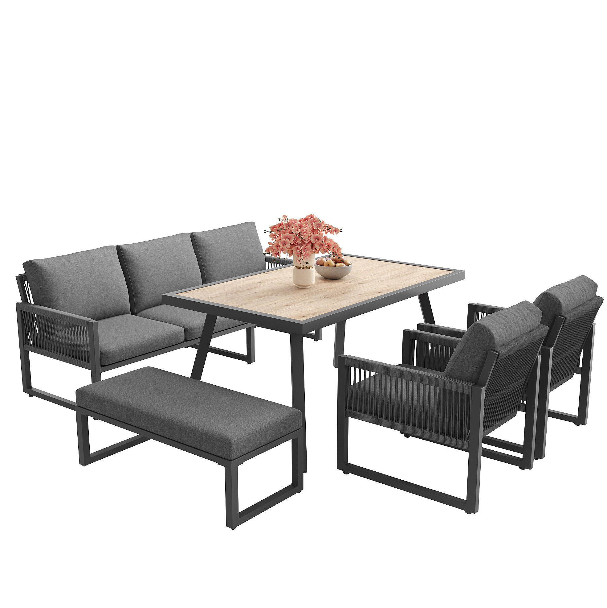 GARTENSETS aus Metall/Glas/Polyester Grau mit abnehmbaren Kissen - Grau, Metall - Modfu