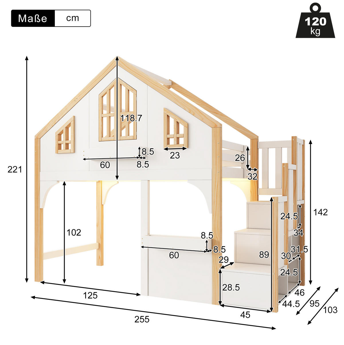 ETAGENBETT 90/200 cm Weiß aus Kiefernholz mit Stauraumtreppe und LED-Beleuchtung - Weiß, Holzwerkstoff (90/200cm) - OKWISH