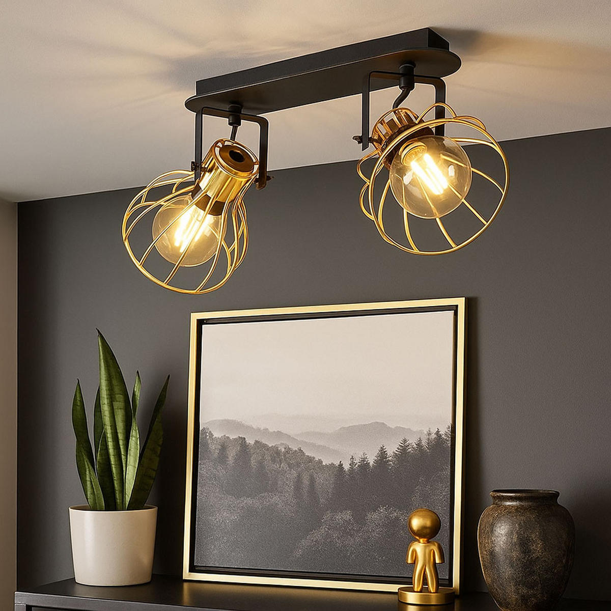 DECKENLEUCHTE Metallgeflecht Schwarz Holz - Schwarz, Holz (48/28/26cm)