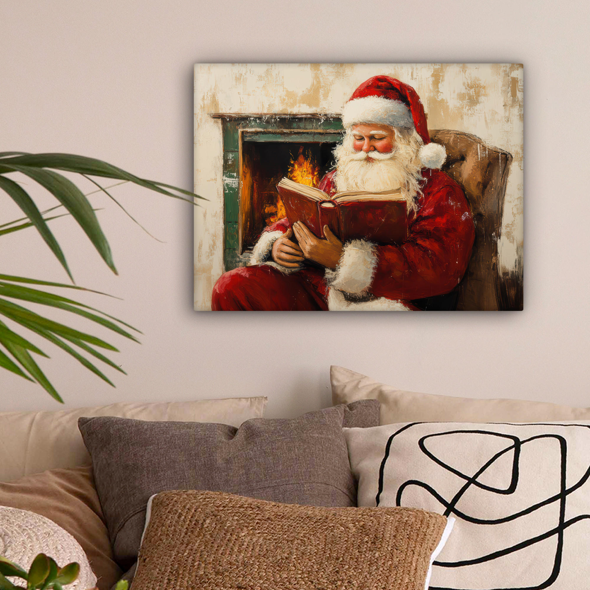 LEINWANDBILD Weihnachten - Weihnachtsmann - Winter - Open Fireside 40x30 cm - Dunkelrot, Textil (40/30cm) - MuchoWow