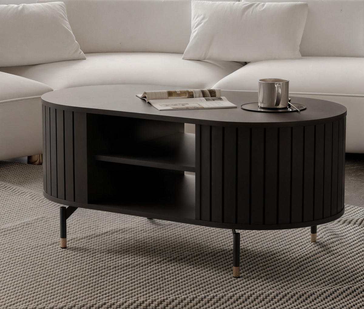COUCHTISCH geriffelt, mit Ablage, Schwarz - Schwarz, Holzwerkstoff (47/104/56cm) - Idohome