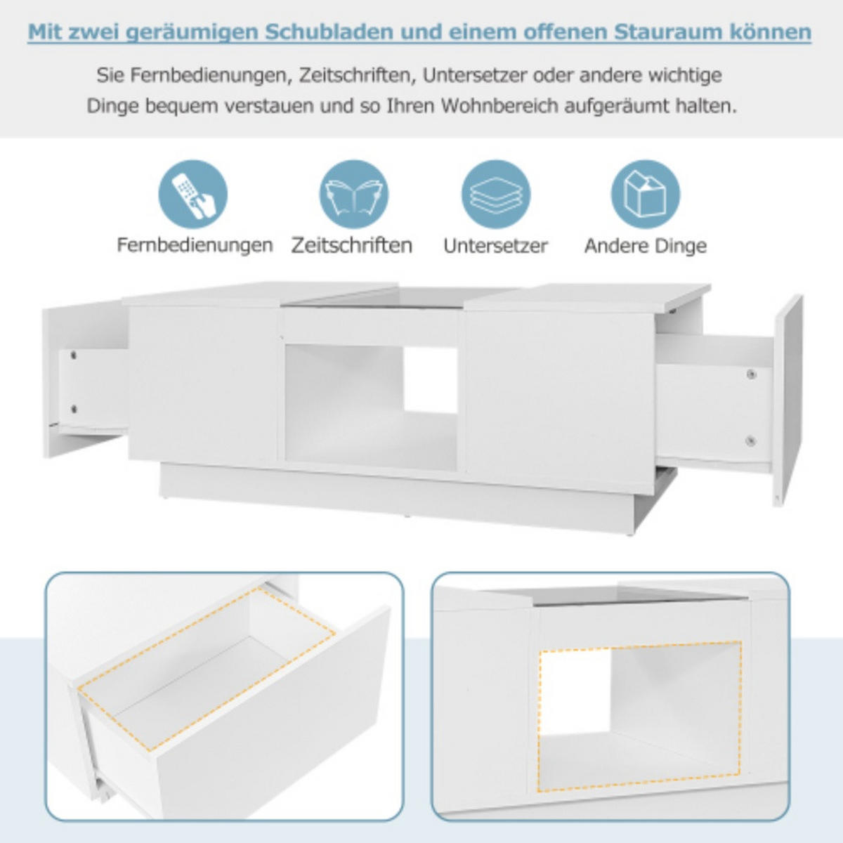 COUCHTISCH 100/50/35,5 cm weiß mit Glasverkleidung LED-Beleuchtung App-Steuerung 2 Schubladen - Weiß, Holzwerkstoff (100/50/35.5cm) - OKWISH