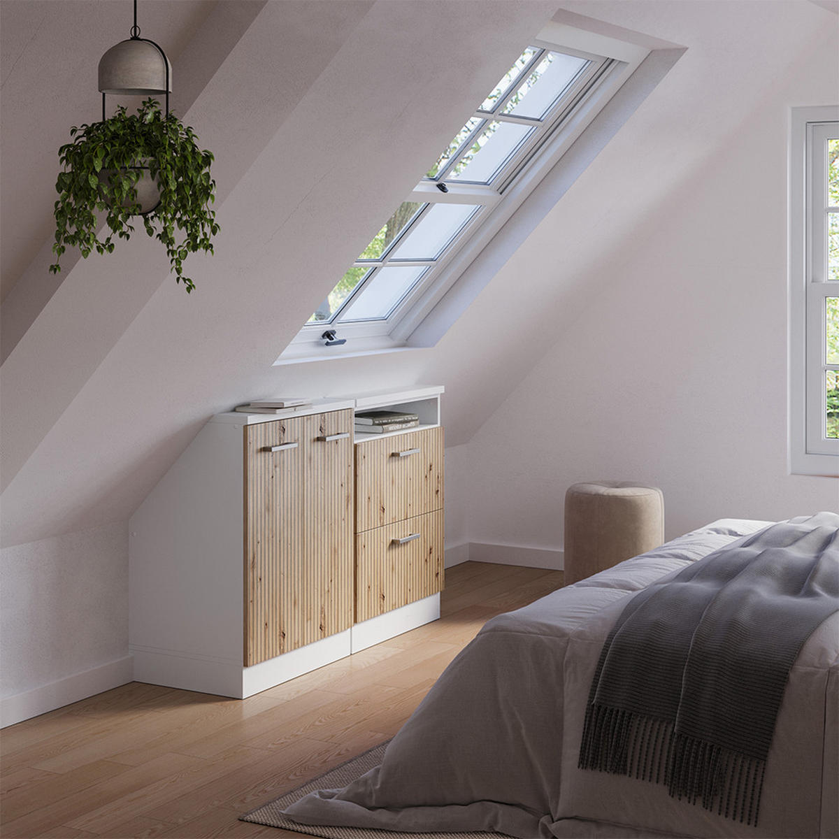 KUCHYŇSKÁ SKŘÍŇKA POD ŠIKMOU STŘECHU R-Line Dub řemeslný/bílý - bílá/dub artisan, kompozitní dřevo (120/81.6/46cm) - Vicco