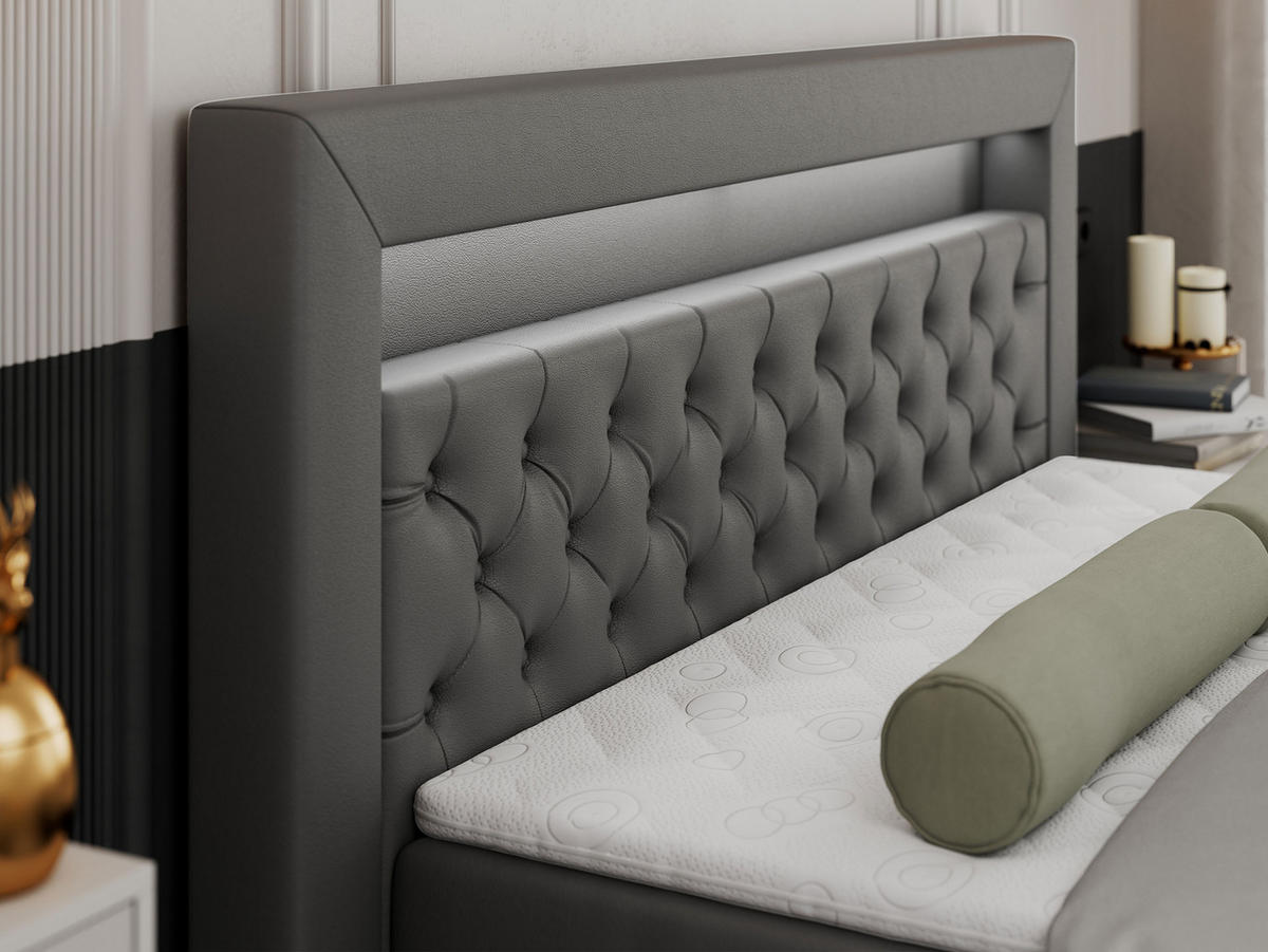BOXBETT GOLD-9 LED 120/200 Dunkelgrau Kunstleder - H3 - Dunkelgrau, Holz/Textil (120/200cm) - MKS