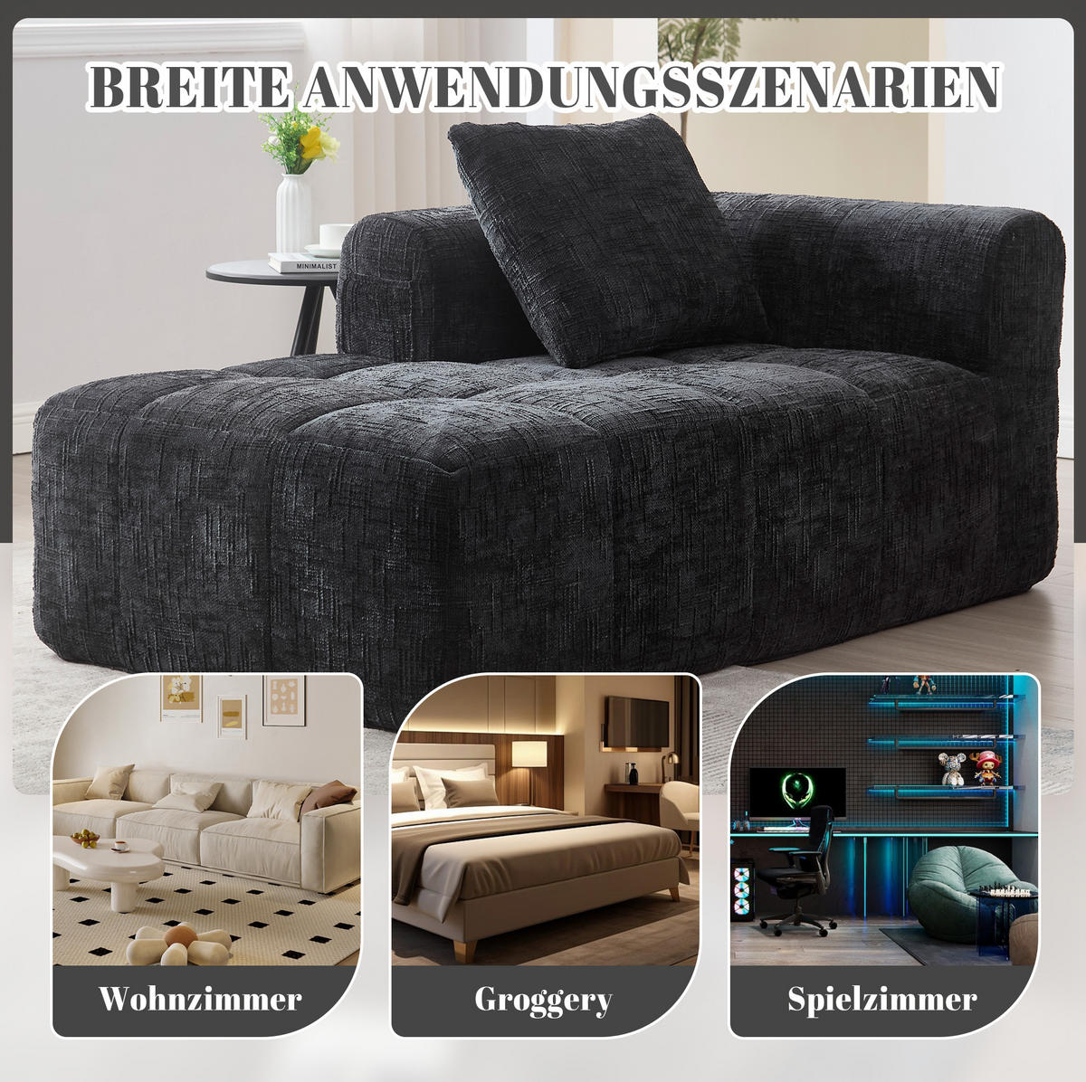 CHAISELONGUE Sofa Chenille mit Seitentaschen und Kissen 158/90/60 cm Schwarz - Schwarz, Textil (60/158/90cm) - Redom