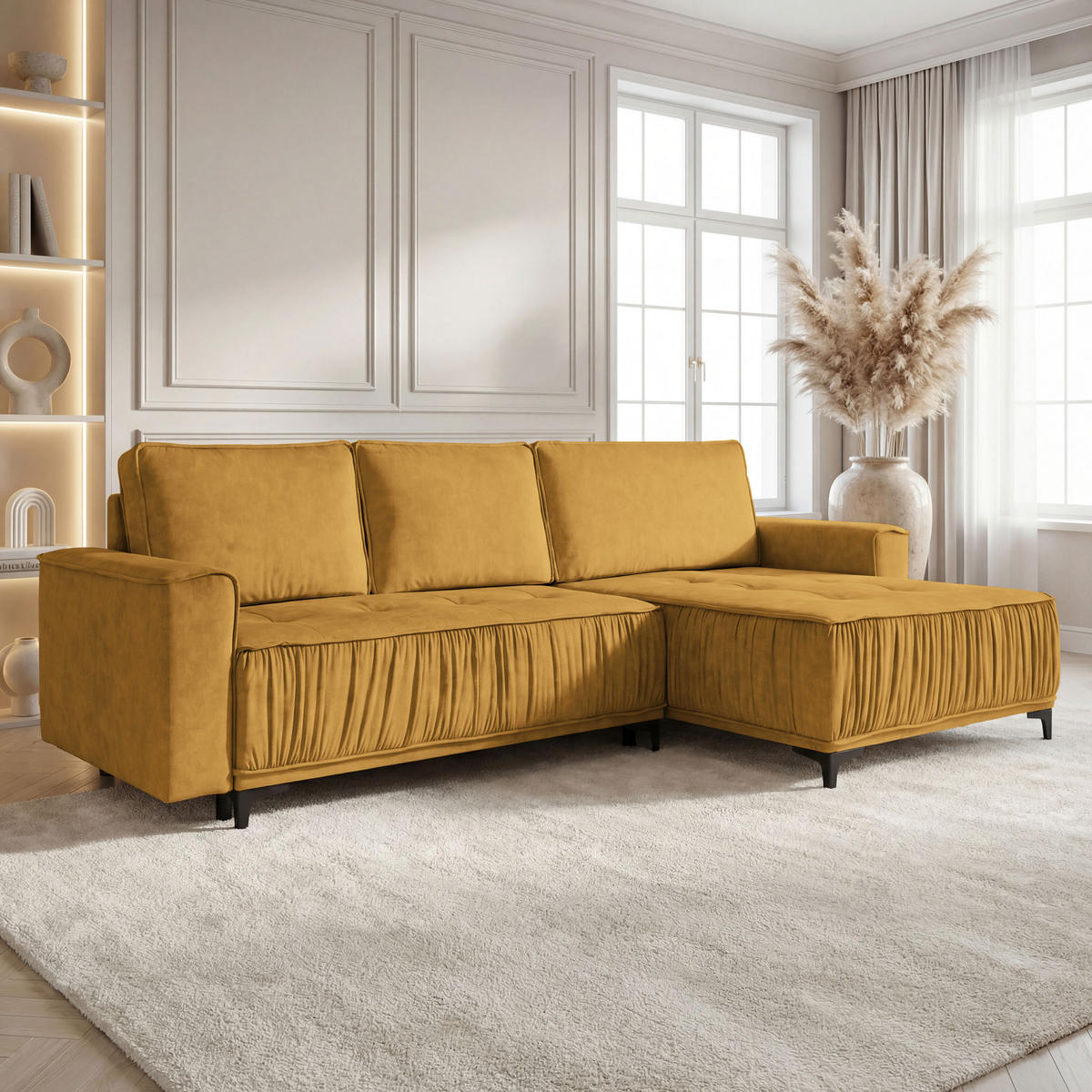 ECKSOFA Velora mit Schlaffunktion & Stauraum, Universell Rechts/Links, Senfgelb Samt 270/92/150 cm - Gelb/Schwarz, Textil/Metall (270/150cm) - WFL GROUP