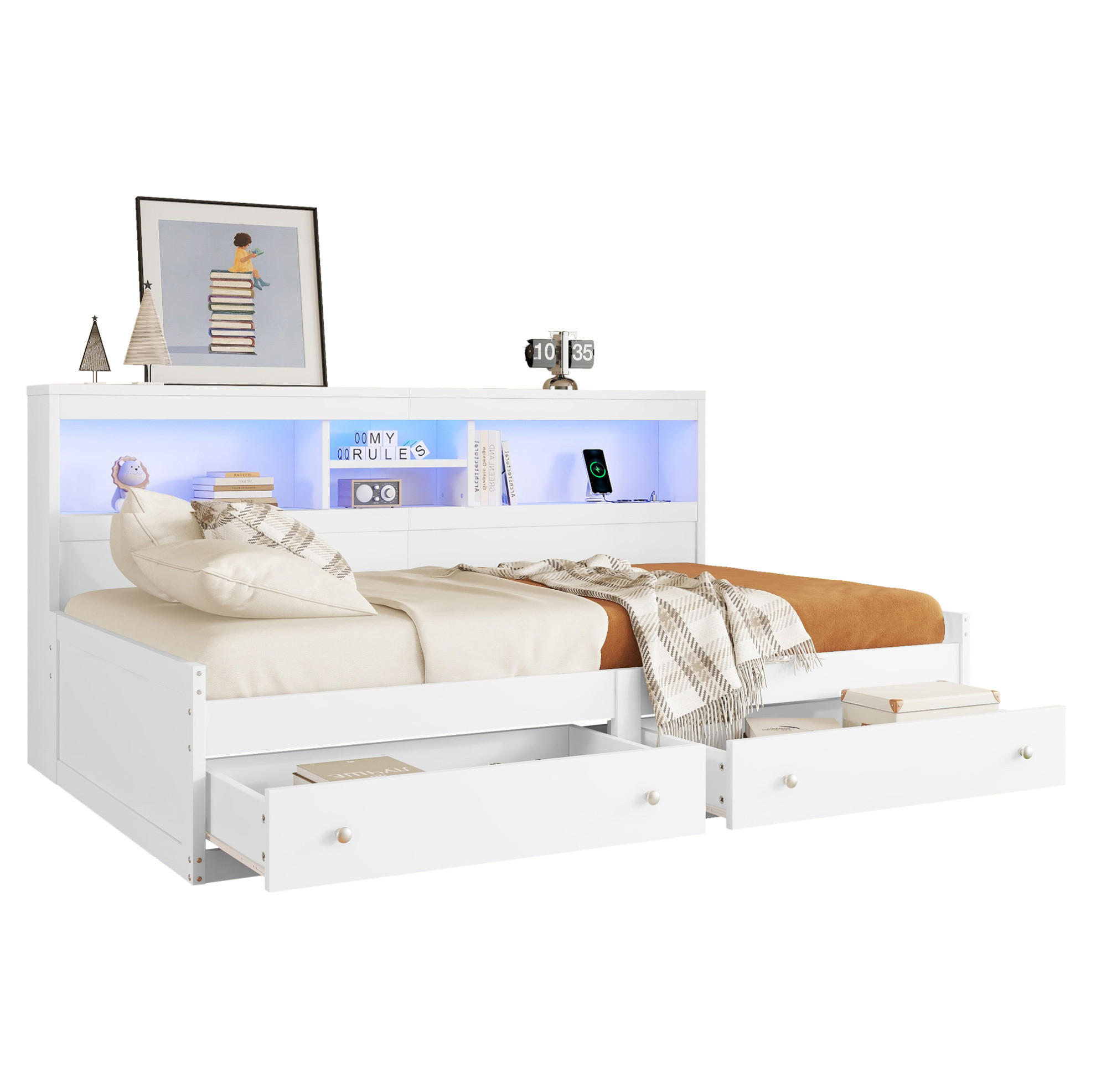 OKWISH DENNÍ postel 90/200 cm bílá z dřevotřísky a MDF s LED osvětlením USB a zásuvkami