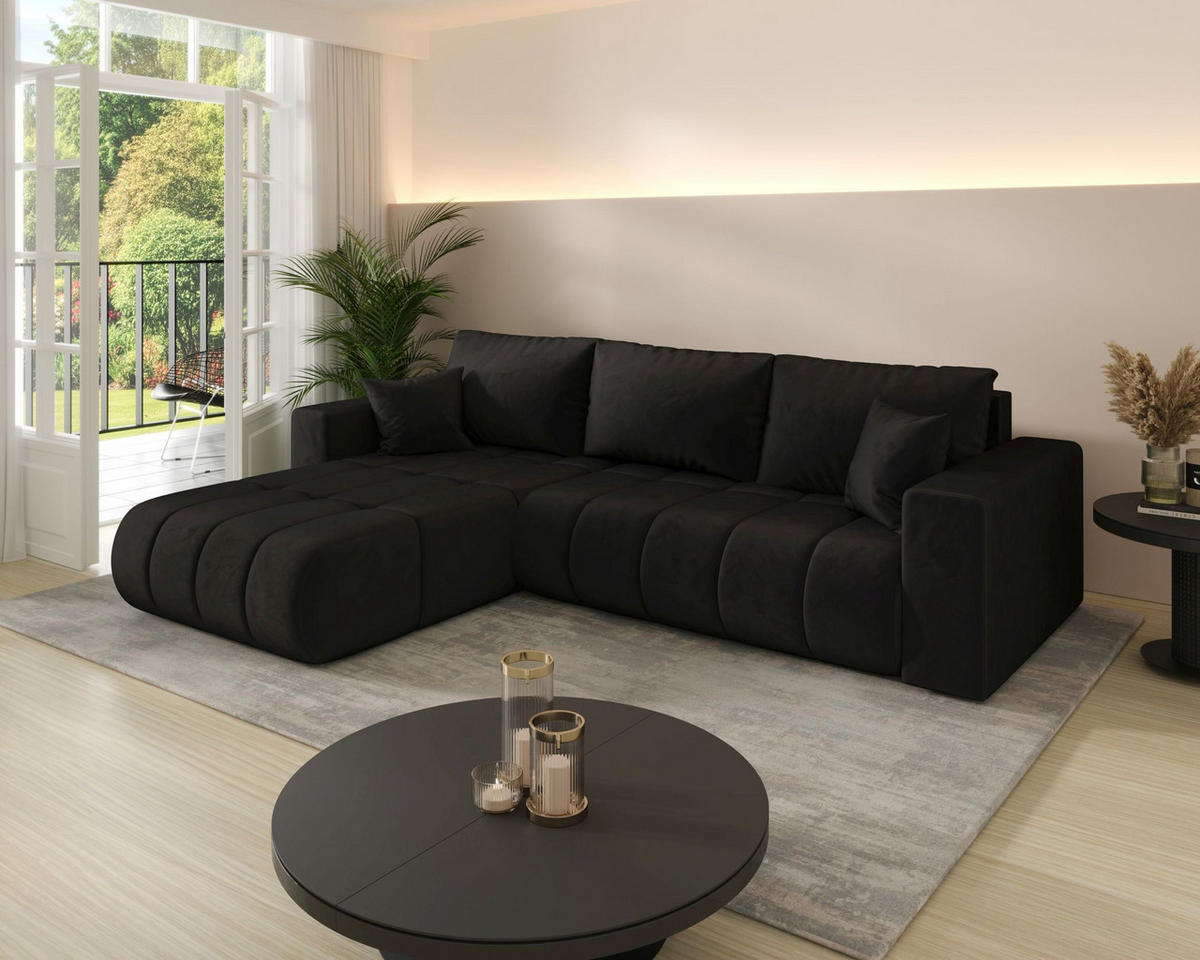 ECKSOFA LARA PREMIUM links schwarz Velours Monolith 97 - Schlaffunktion, Bettkasten - Schwarz, Textil (280/175cm) - Cornero