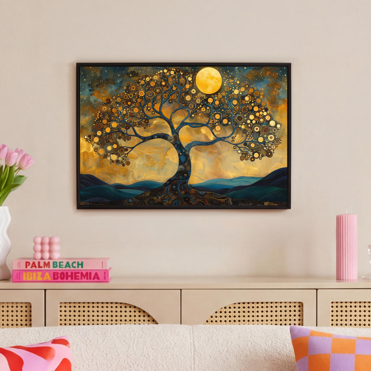 LEINWAND Bilder mit Rahmen - Baum - Mond - Blumen - Gold - Kunst - 60x40 - Orange, Textil (60/40cm) - MuchoWow