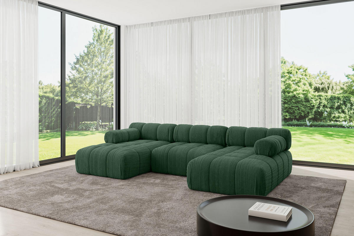 WOHNLANDSCHAFT modulares Sofa Tesso-U1 - 285x160x70 cm Grün Cord - Grün, Holzwerkstoff/Textil (285/70/160cm) - ALTDECOR