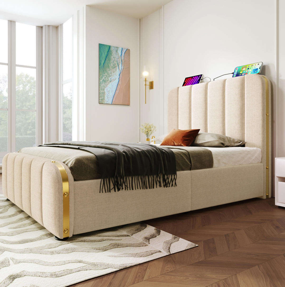 POLSTERBETT 90/200 cm Beige aus Leinen mit Stauraum und USB- und Type-C-Anschlüssen - Beige, Textil (90/200cm) - Flora Grace