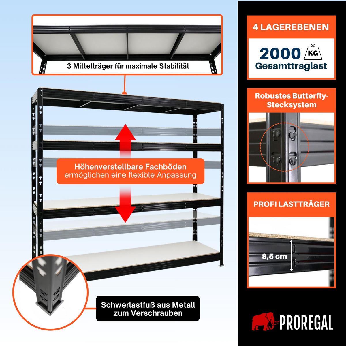 SCHWERLASTREGAL Rhino 180x200x60 cm 4 Melamin-Ebenen 16mm Fachlast 500 kg Schwarz - Schwarz/Weiß, Metall (200/180/60cm) - PROREGAL