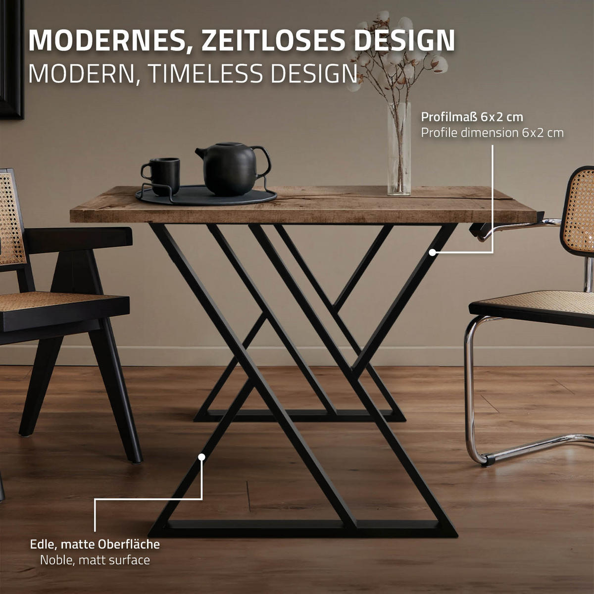 TISCHBEINE 2er Set 69xH72 cm X-Form, Schwarz - Schwarz, Metall (69/72/6cm) - ML-DESIGN