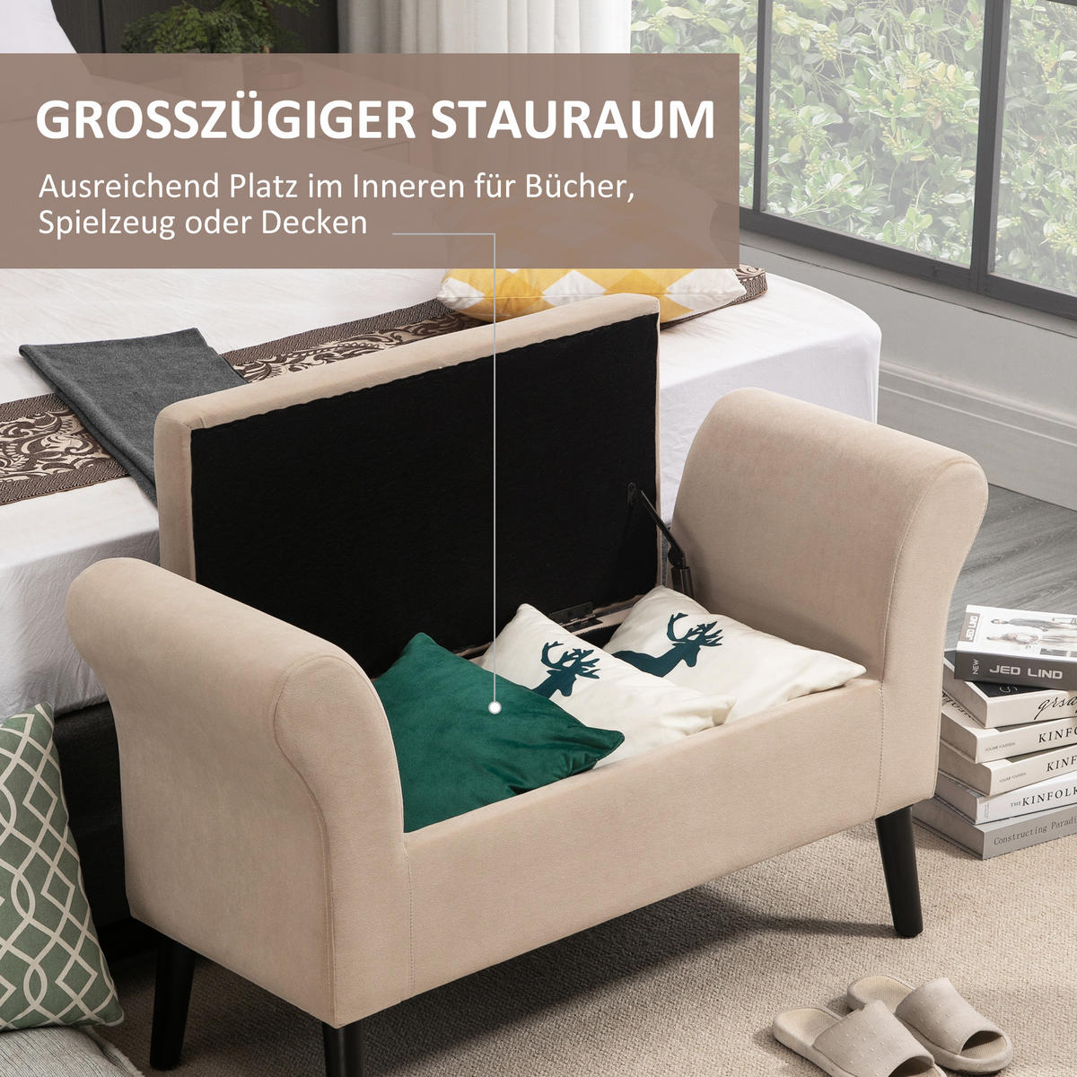 SITZBANK Polsterbank mit Stauraum Armlehnen Truhenbank modern Gummiholz Beige - Beige, Kunststoff (41/65/111.5cm) - HOMCOM
