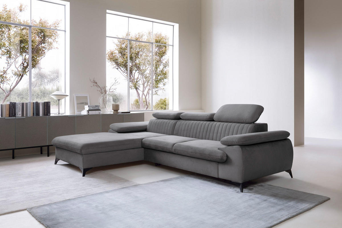 ECKSOFA FIORE Grau Velours-Stoff mit Schlaffunktion - Grau, Holz (275/221cm) - MASSENO