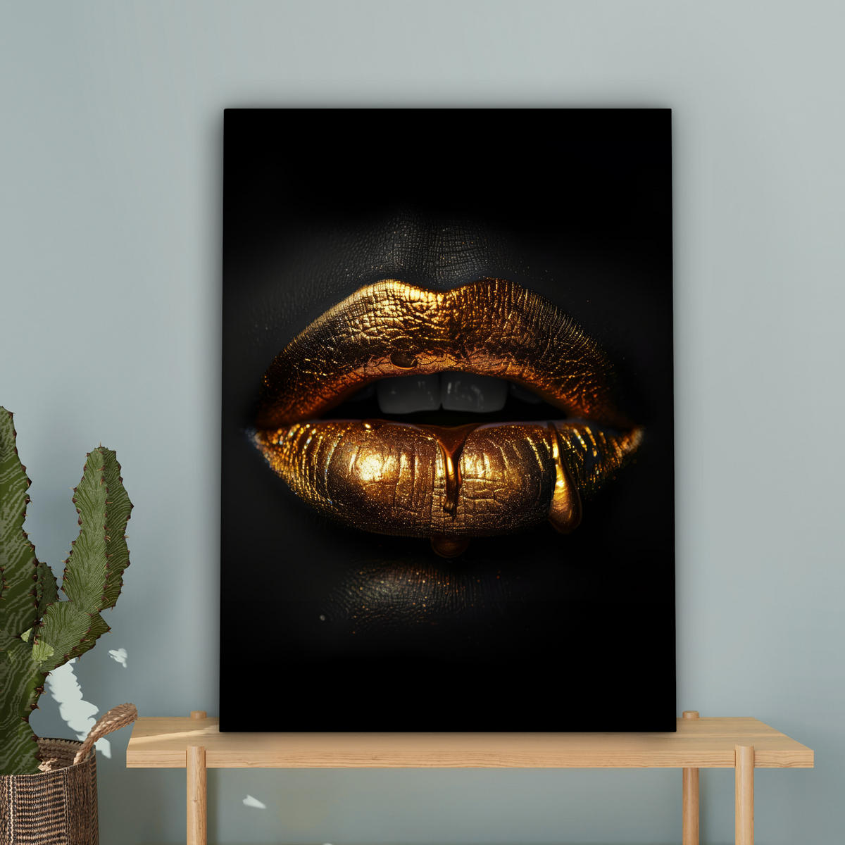 LEINWANDBILD Frau - Porträt - Lippen - Gold - Schwarz Wandbild Wohnzimmer 60x80 cm - Schwarz, Textil (60/80cm) - MuchoWow