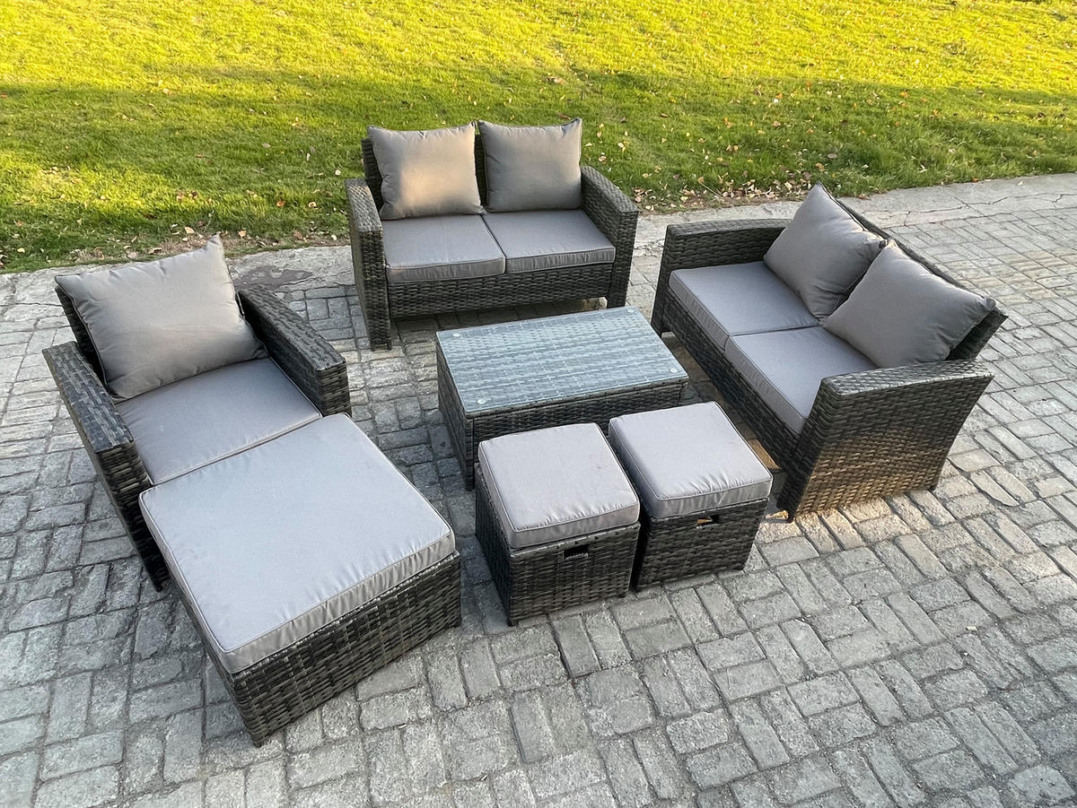 GARTENMÖBEL-SET SOFA STUHL COUCHTISCH 3 HOCKER Polyrattan Dunkelgrau Gemischt 8-Sitzer - Dunkelgrau, Metall - Fimous