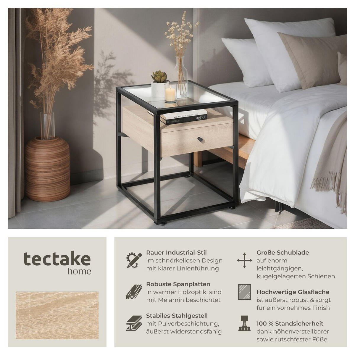 NACHTSCHRANK Preston, 43 x 45 x 54,5 cm, Industrial Holz hell, Eiche Sonoma - Naturfarben, Holzwerkstoff (43/54.5/45cm) - tectake