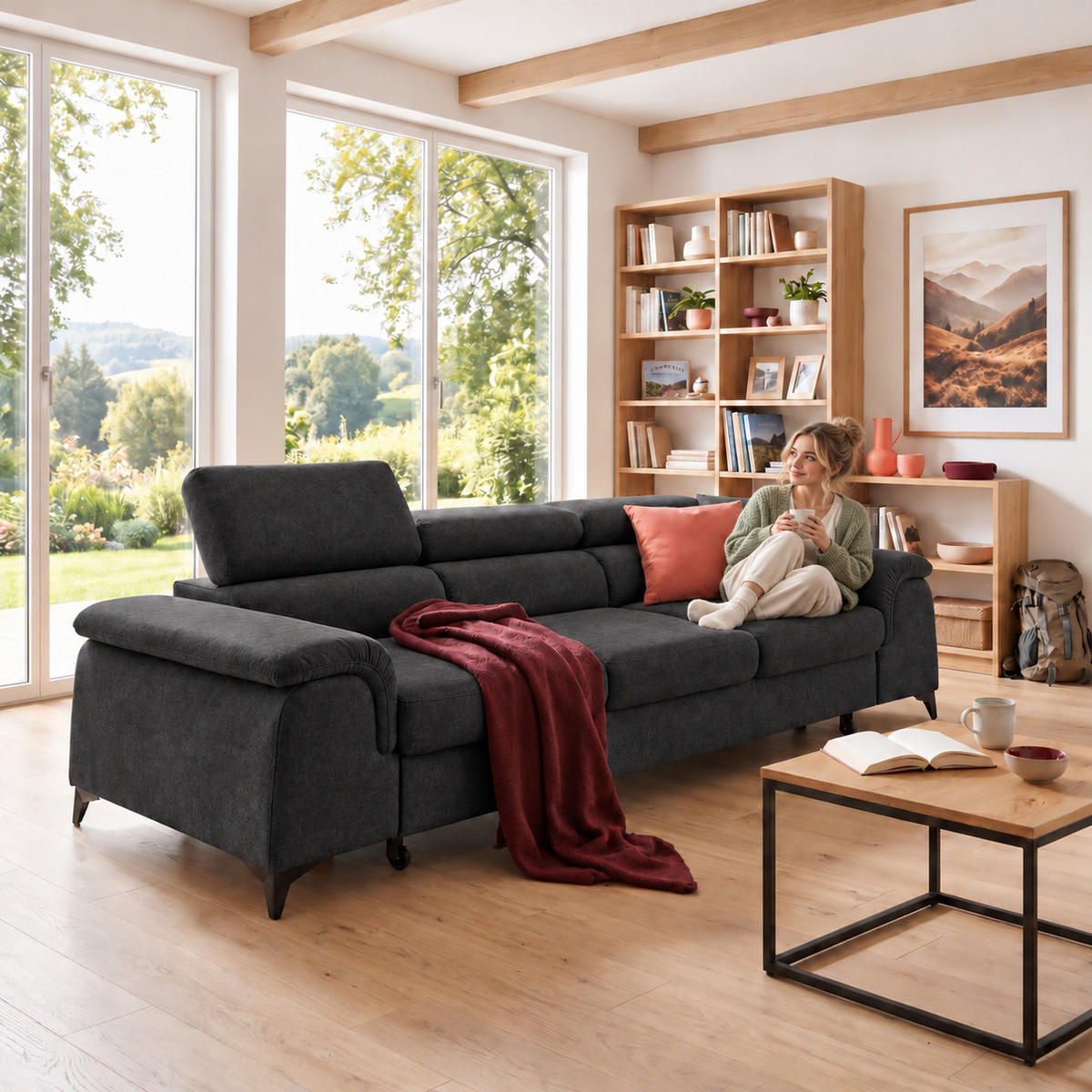 3-SITZER Sofa PLAZA mit Schlaffunktion 127x195 Velours Dunkelgrau - Dunkelgrau/Schwarz, Holz/Textil (260/90/100cm) - Muffo