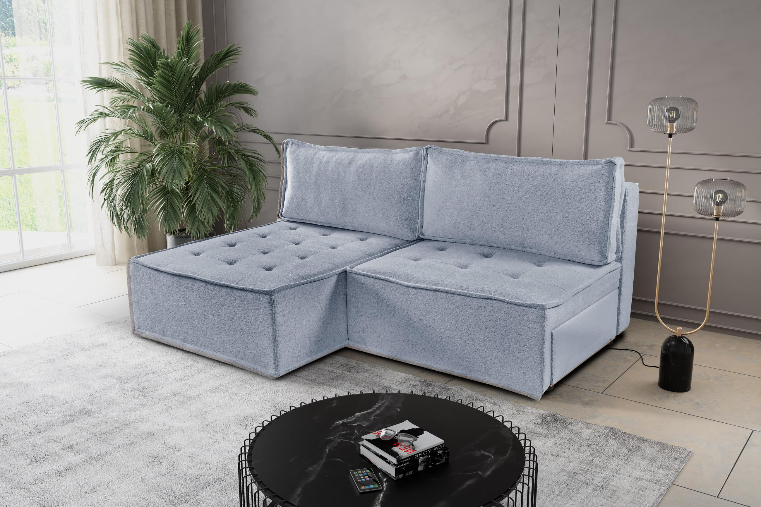 ECKSOFA Bohoo Mini Modernes Mit Schlaffunktion Hellgrau Links - Hellgrau, Holz (140/200cm) - Kaiser Möbel