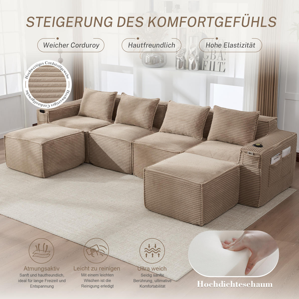 WOHNLANDSCHAFT 330/162/75 cm Khaki mit 2 Fußhocker, Getränkehalter und Seitentaschen - Sandfarben, Textil (330/75/162cm) - Oxeza