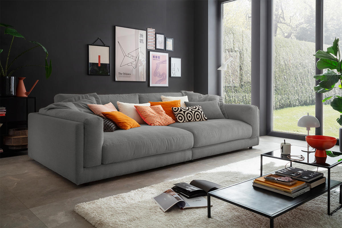 BIG SOFA RAINA Grau Cord - Schwarz/Grau, Kunststoff/Textil (294/85/150cm) - KAWOLA