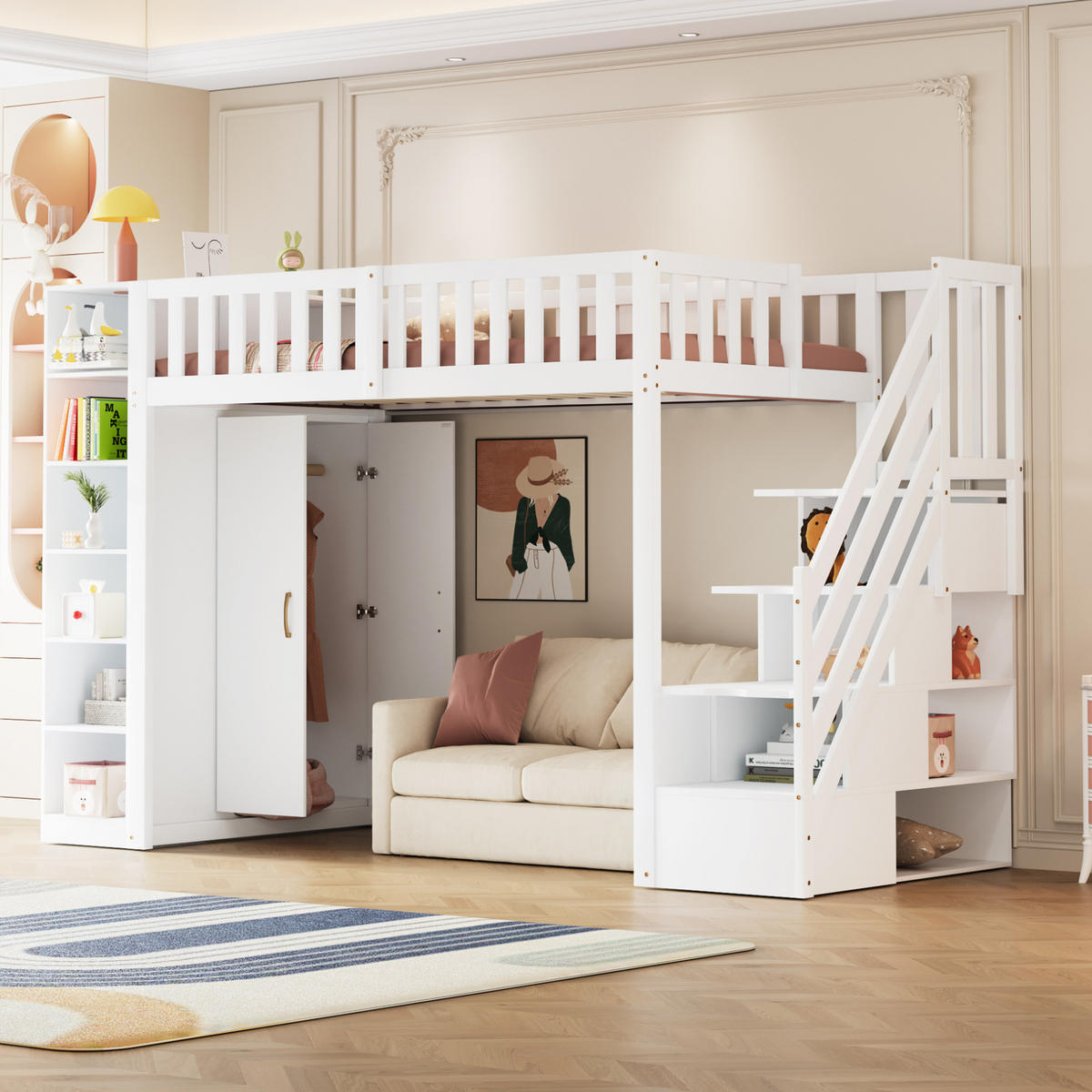 HOCHBETT 90/200 cm in Weiß mit Kleiderschrank, Regalen und Stauraumleiter - Weiß, Holzwerkstoff (90/200cm) - Flora Grace