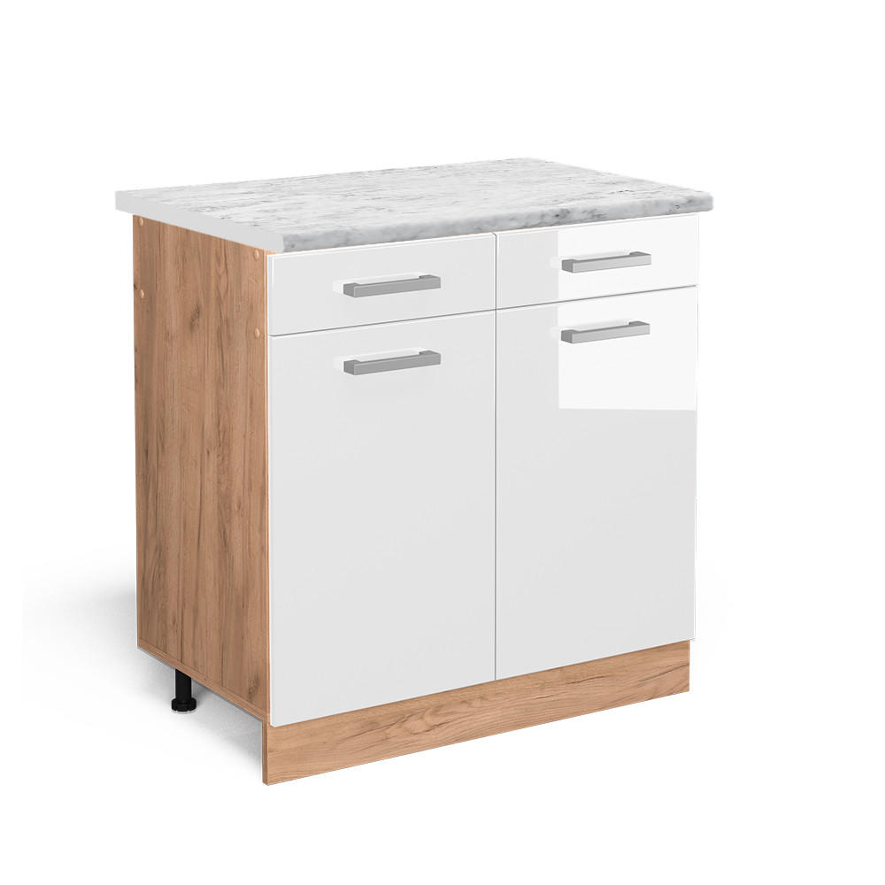 KÜCHENUNTERSCHRANK R-Line Weiß Hochglanz 80 cm AP Marmor - Weiß Hochglanz/Eiche Wotan, Holzwerkstoff (80/81.6/60cm) - Vicco