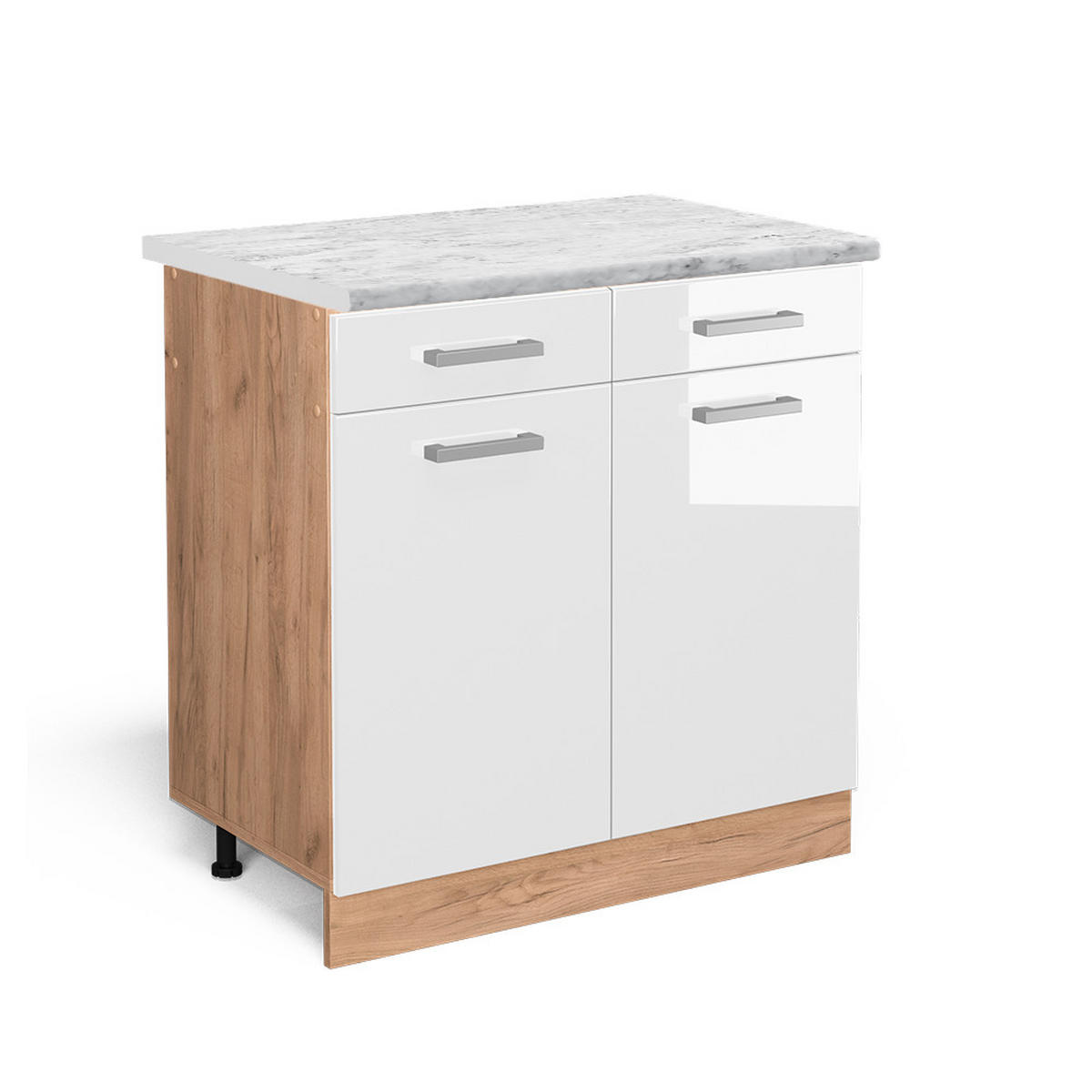 KÜCHENUNTERSCHRANK R-Line Weiß Hochglanz 80 cm AP Marmor - Weiß Hochglanz/Eiche Wotan, Holzwerkstoff (80/81.6/60cm) - Vicco