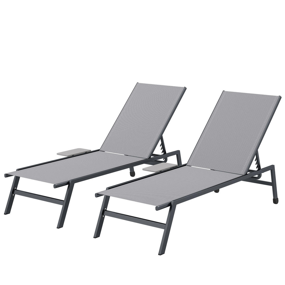 SONNENLIEGE DE-07710 2er-Set, 5-fach verstellbar, mit Seitentisch, Rollen Grau - Grau, Metall (74/35/190cm) - ComfortXL