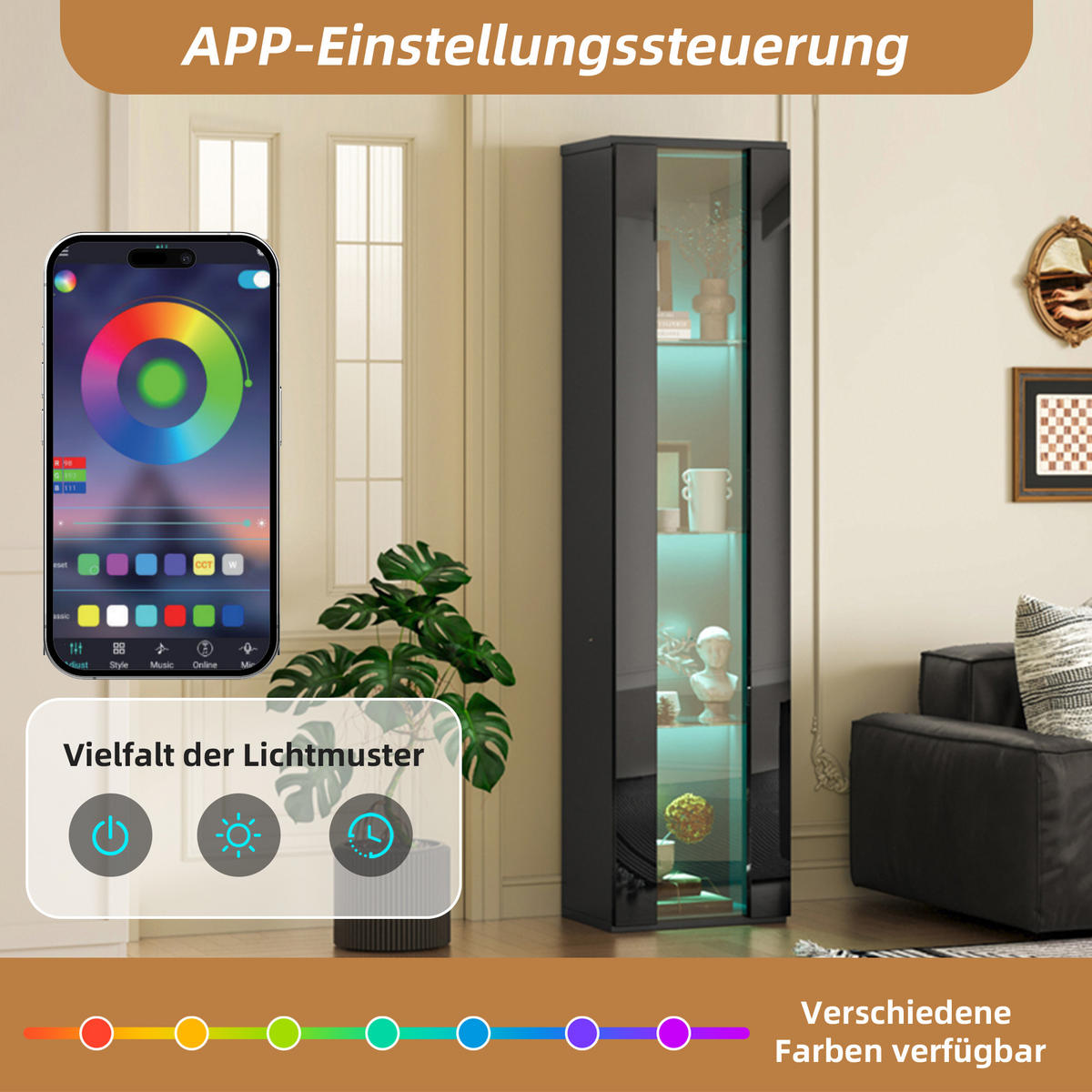 VITRINE mit Acrylglas 4 Ebenen LED Farbwechsel Fernbedienung/APP Spanplatte Transparent Design - Transparent/Schwarz, Glas/Holzwerkstoff (40/170/29cm) - EVRYAE