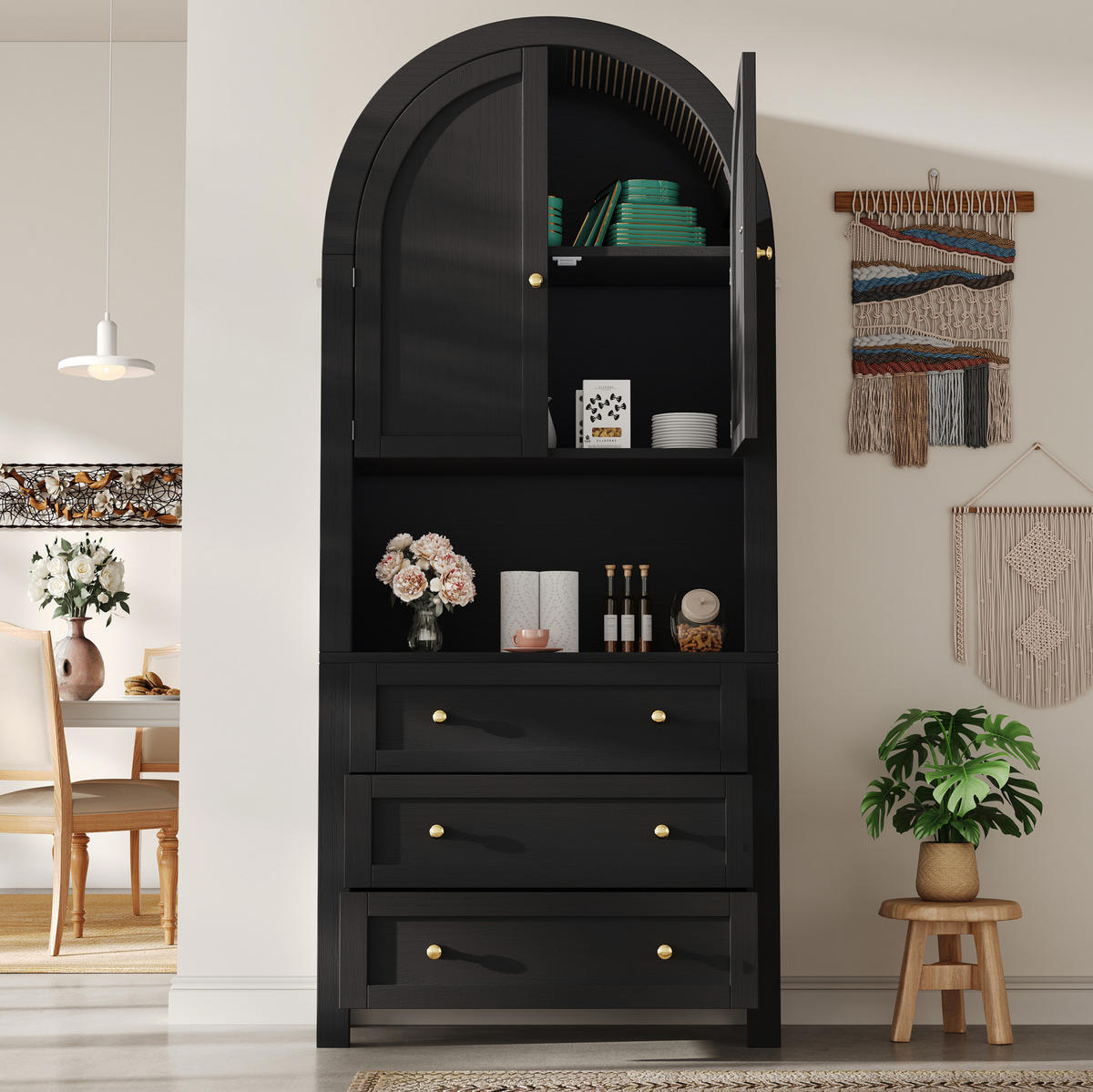 BUFFET 70/35/180 cm aus MDF mit Bogendesign und 3 Schubladen Schwarz - Schwarz, Holzwerkstoff (70/180/35cm) - Modenvie