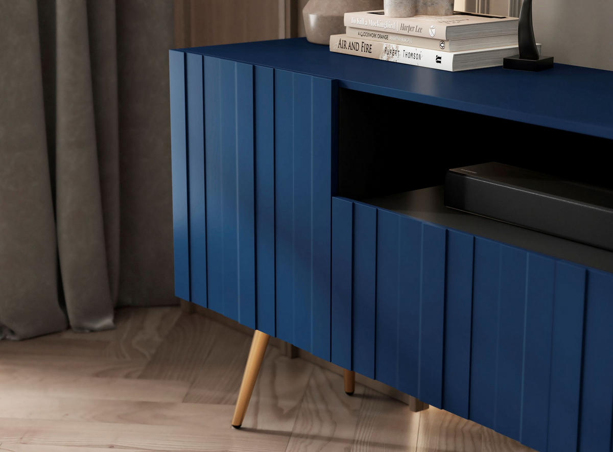 TV-LOWBOARD 2er-Set Elpis2 Marineblau mit goldenen Metallbeinen150 cm - Blau/Goldfarben, Holzwerkstoff (300/60.5/36.5cm) - Meble Lindner