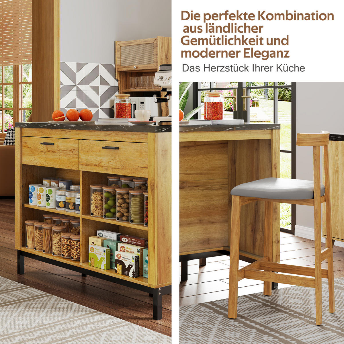 KÜCHENINSEL 120x75x90cm Holzfarbe Marmor mit Schubladen & Barhockerbereich - Naturfarben, Holzwerkstoff (120/90/75cm) - Modfu