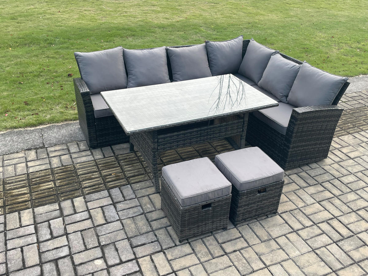 LOUNGEGARNITUR mit Couchtisch Sofa,2 Hocker Polyrattan Dunkelgrau 8-Sitzer - Dunkelgrau/Grau, Glas/Kunststoff - Fimous