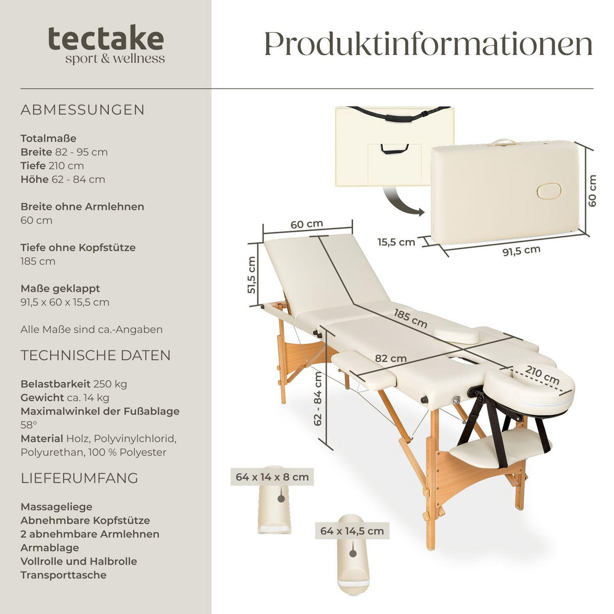 MASSAGELIEGE-SET 3 Zonen Daniel, 210 x 95 x 84 cm, beige - Beige, Holz (95/84/210cm) - tectake