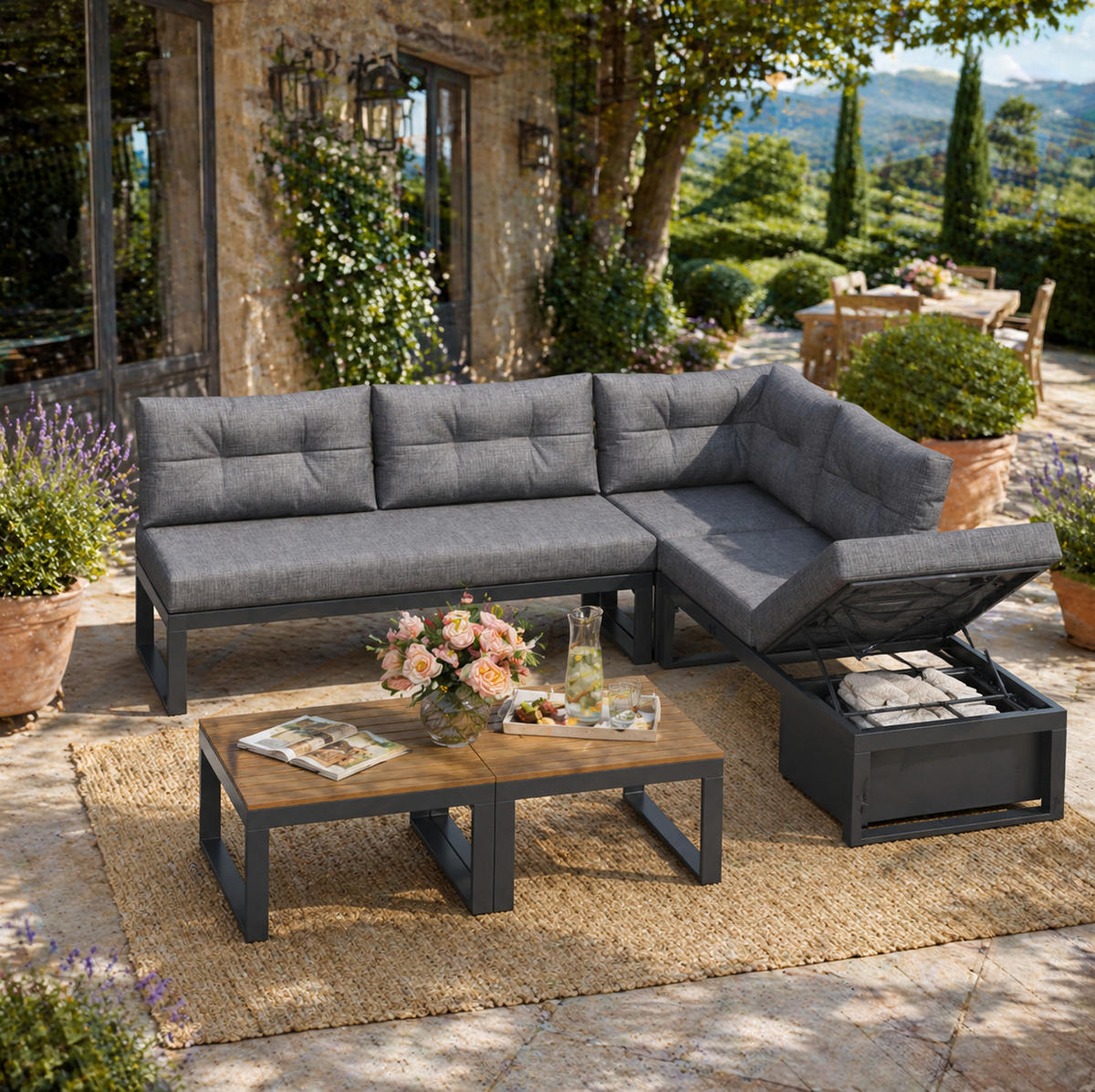 LOUNGEGARNITUR 191,5/79/191,5 cm Grau aus Polyester mit Stauraum und verstellbarer Rückenlehne - Grau, Textil - OKMYHOME