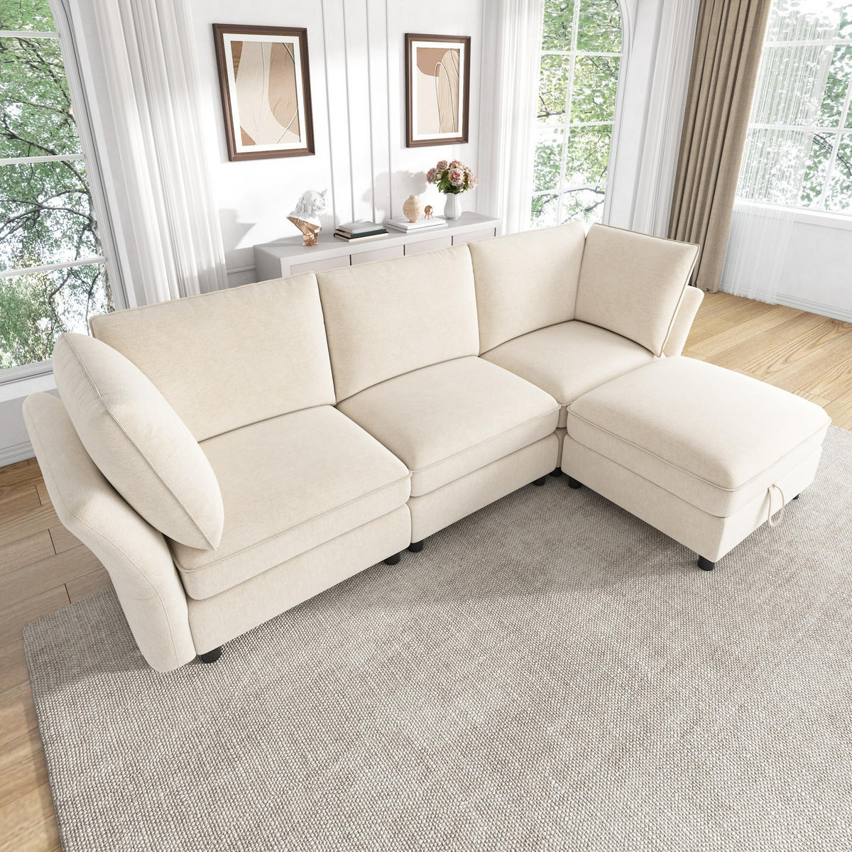 ECKSOFA 225/137/84 cm Beige mit Stauraum‑Hocker - Beige, Textil (225/137cm) - Oxeza