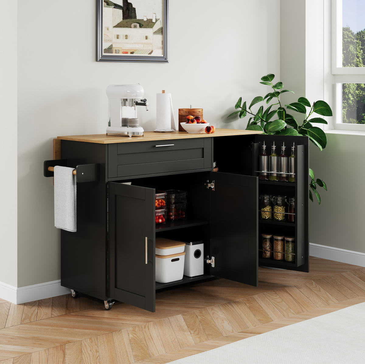KÜCHENWAGEN 132.5x70x90cm Schwarz Spanplatte mit Klappplatte & Schublade - Schwarz, Holzwerkstoff (132.5/90/70cm) - Modfu