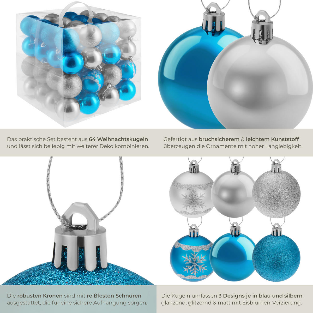 WEIHNACHTSKUGELN ,Durchmesser 6 cm,silber/blau - Blau/Silberfarben, Textil (6/6/6cm) - tectake