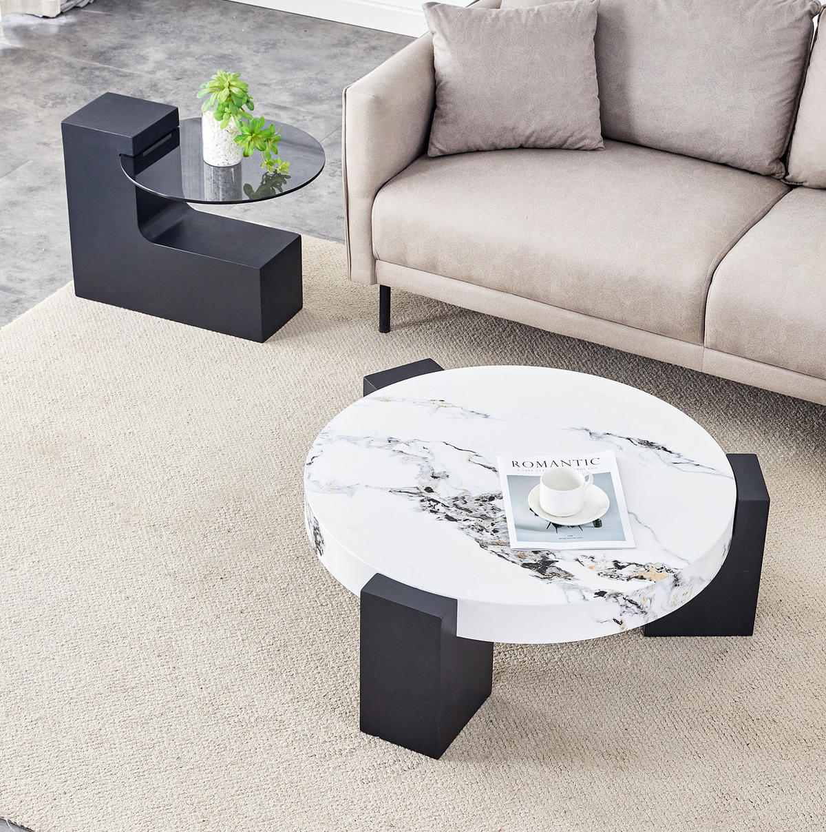 BEISTELLTISCH-SET aus MDF und Glas 61x61x30/44x44x44 cm Weiß/Schwarz zerlegbar mit Marmor-Optik und 2 Ebenen - Schwarz, Holzwerkstoff (61/61/30cm) - Modfu