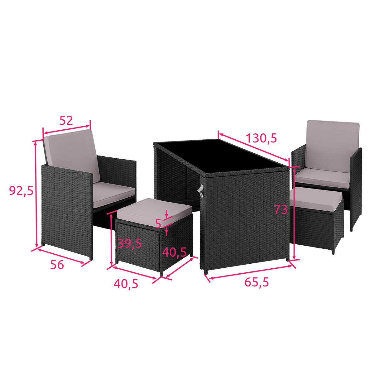 RATTAN SITZGRUPPE Palermo,inklusive Flaschenöffner, zusammenschiebbar,schwarz/grau - Schwarz/Grau, Kunststoff - tectake