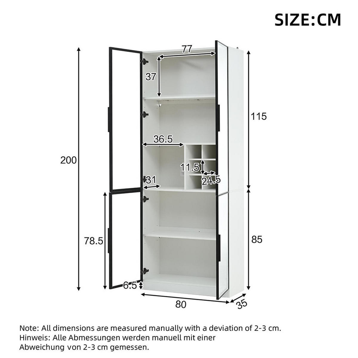 VITRINE aus Glas mit 2 Türen Weiß 80/35/200 cm - Weiß, Holz (80/200/35cm) - Zephmum