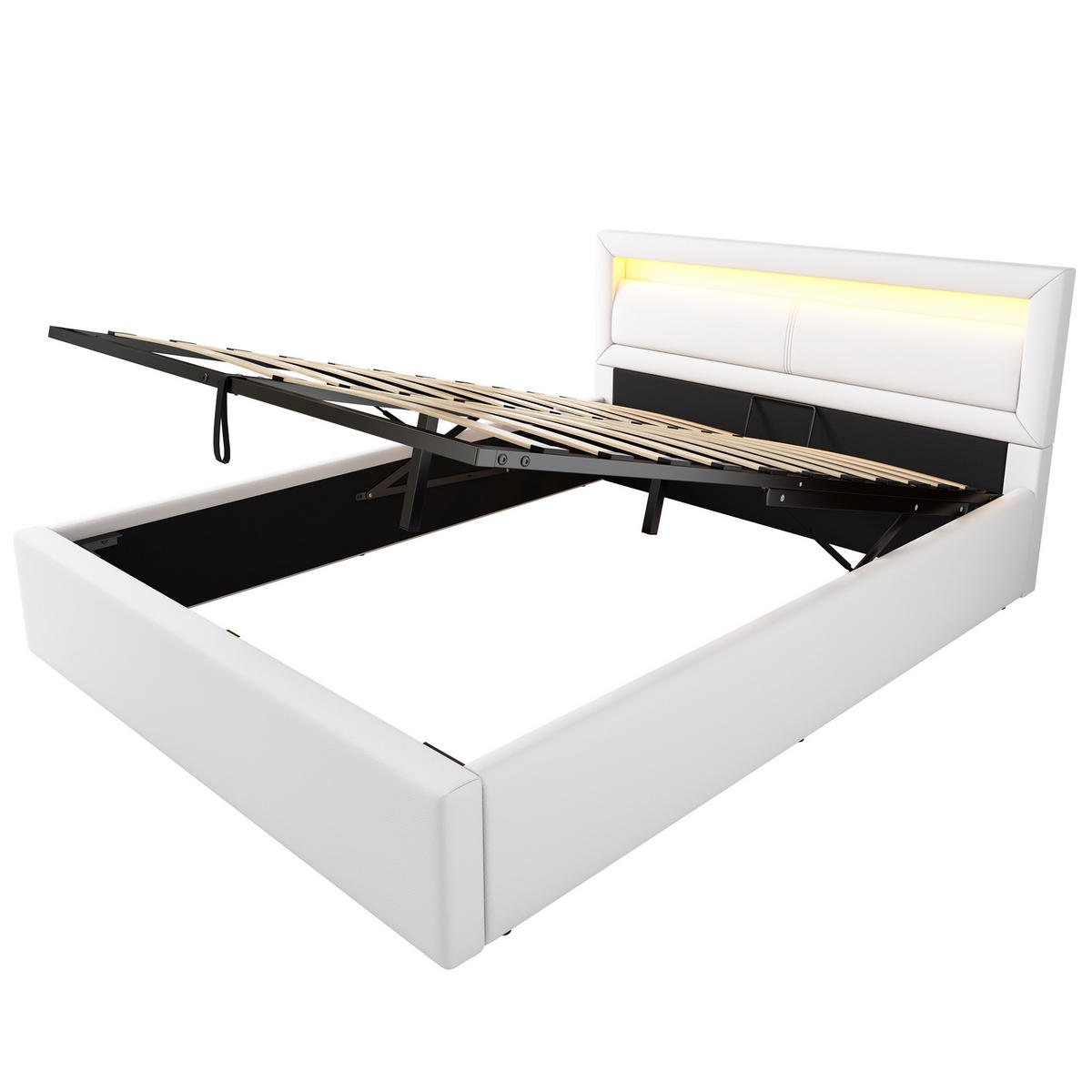 POLSTERBETT 140/200 cm Weiß mit Stauraum und LED-Beleuchtung aus Kunstleder - Weiß, Kunststoff (140/200cm) - OKWISH