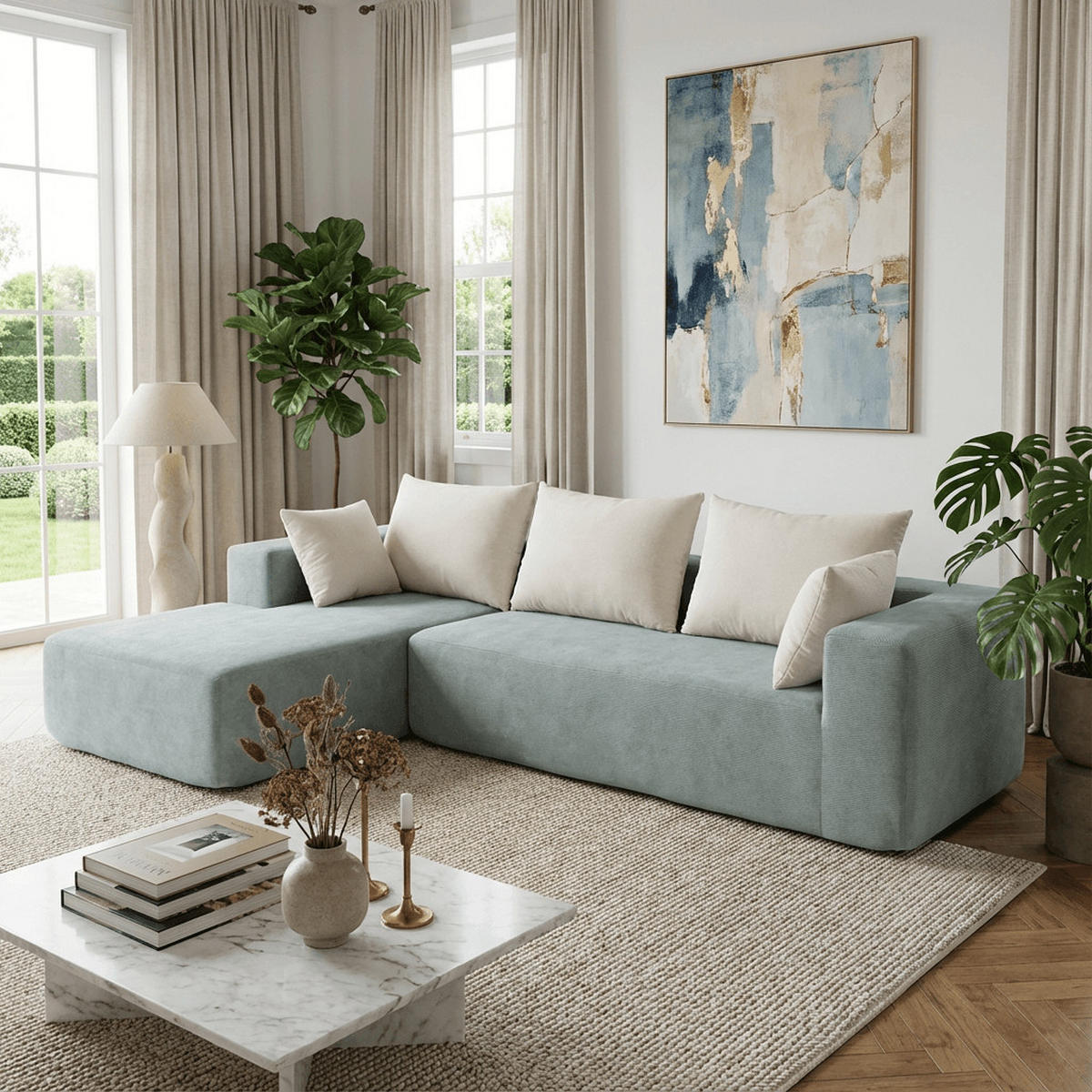 ECKSOFA Luna Salbei Weiß 3-Sitzer Links - Salbeigrün, Textil (267/175cm) - COCO Living