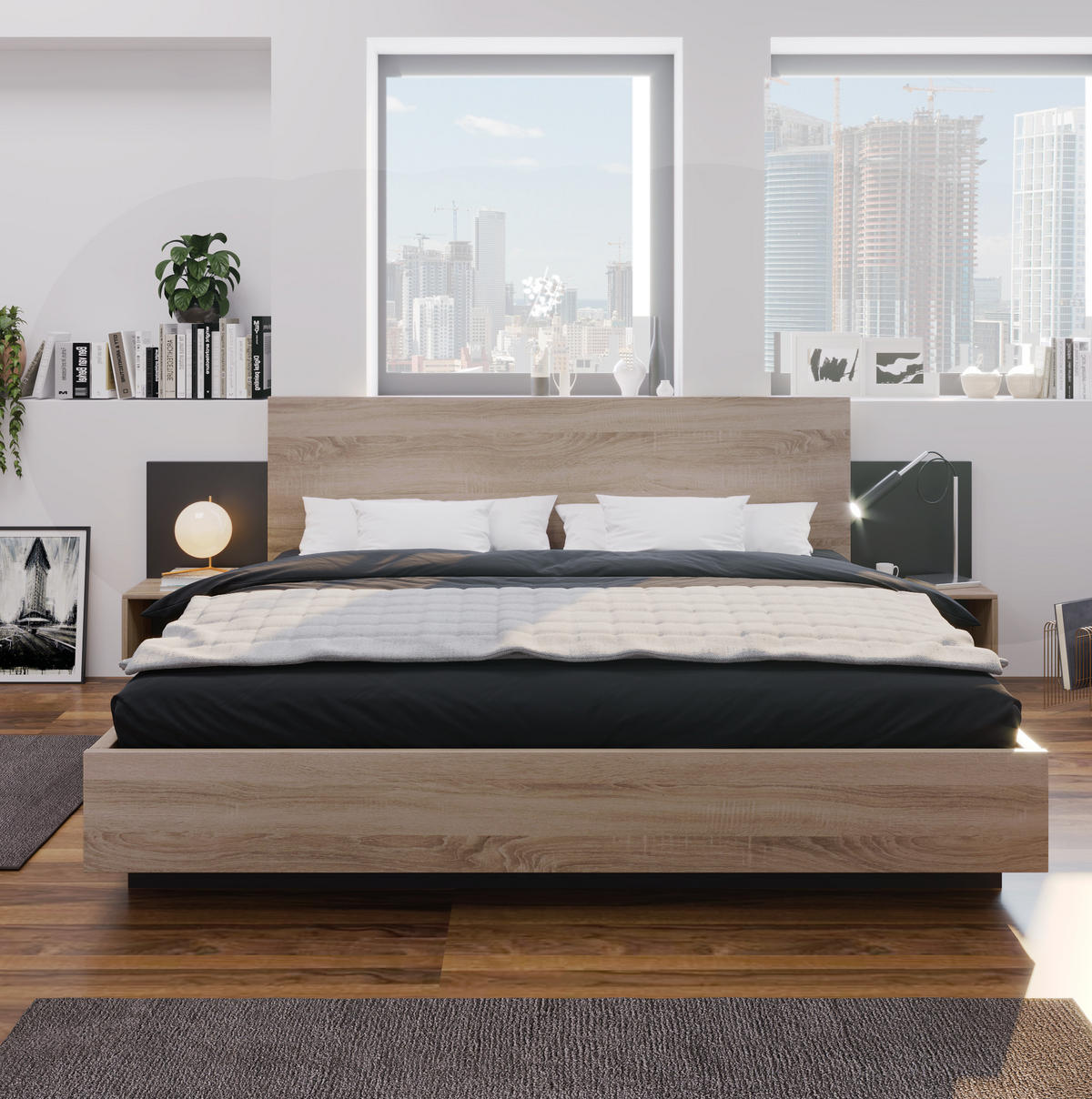 DOPPELBETT 160/200 cm mit 2 Nachtkommoden in Sonoma-Eiche/Dunkelgrau - Dunkelgrau, Holz (160/200cm) - BEAOK